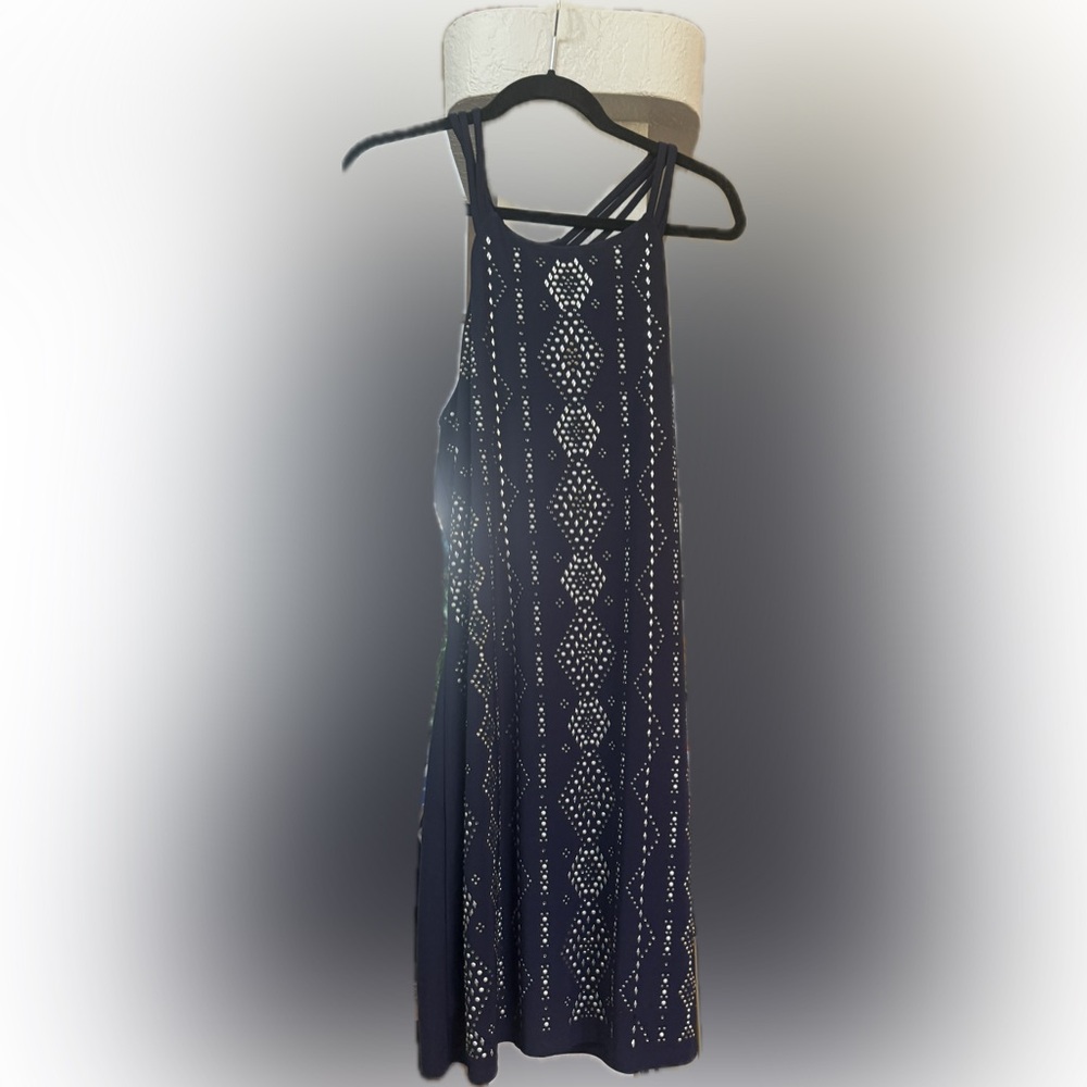 White House Black Market Elegant navy sleeveless‎ Patterned dress size L